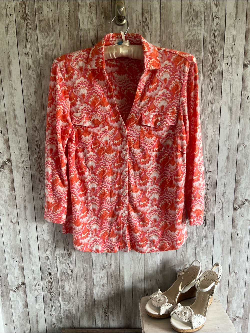 J. McLaughlin Pink Orange Printed Button-Up Linen 3/4 Sleeve Blouse Small